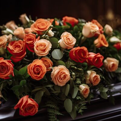 A fresh and vibrant bouquet of orange and red roses with green leaves and white flowers on a black coffin surface, with a dark and golden background.