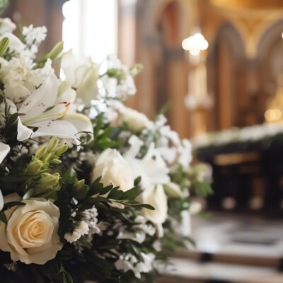 Funeral casket with white flowers in a church