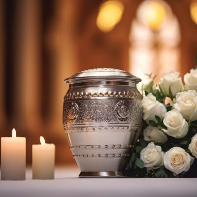 Urn with ashes in the church with white flowers. Funeral ceremony.
