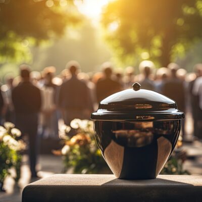 Sorrowful moment at funeral with people mourning bidding last farewell to person in urn